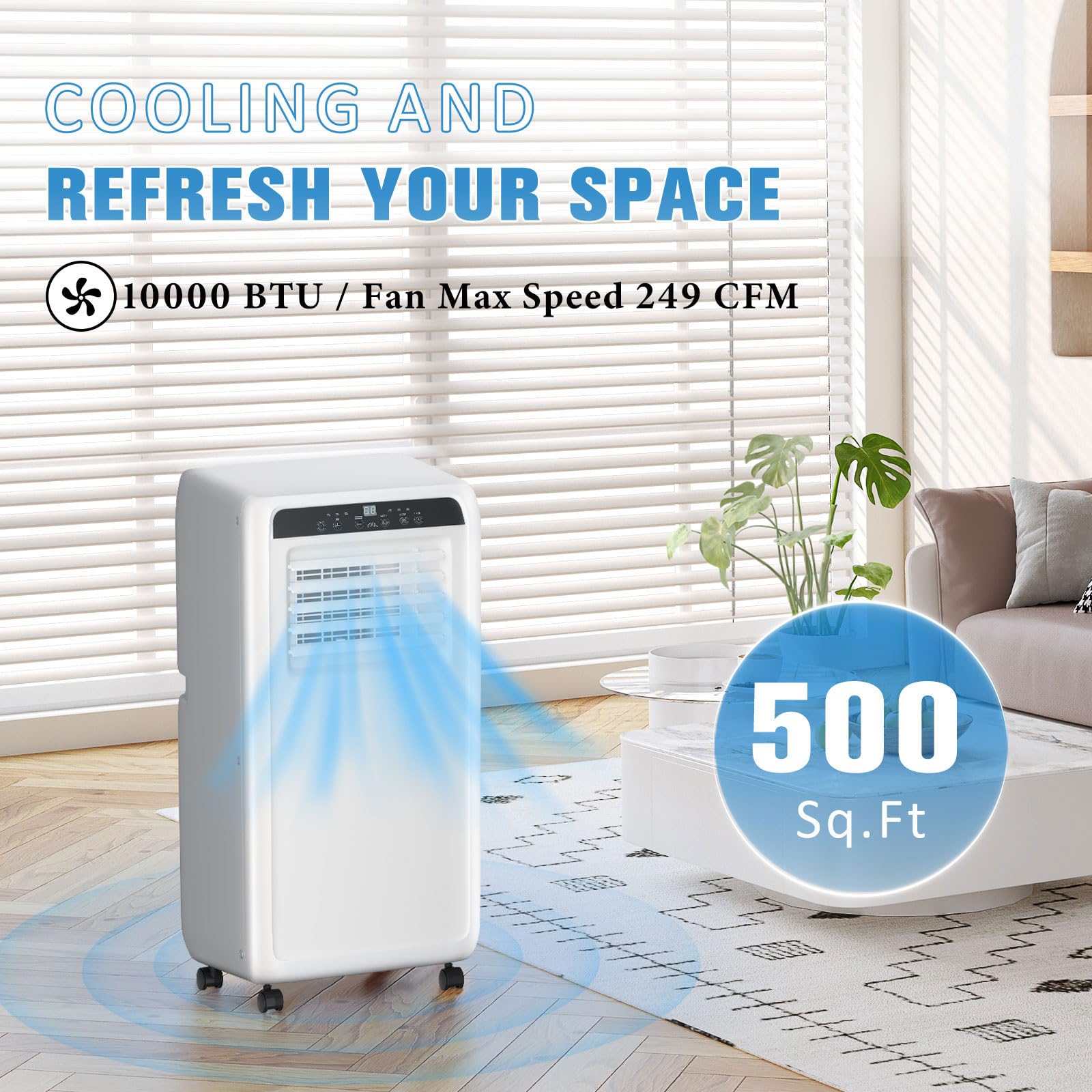 10,000 BTU Portable Air Conditioner - 3-in-1 Cooling Unit with Built-in AC, Dehumidifier & Fan | Covers Up to 500 Sq.Ft | Remote Control & 24-Hour Timer | Perfect for Bedrooms, Apartments & Small Offices | Stay Cool All Summer Long