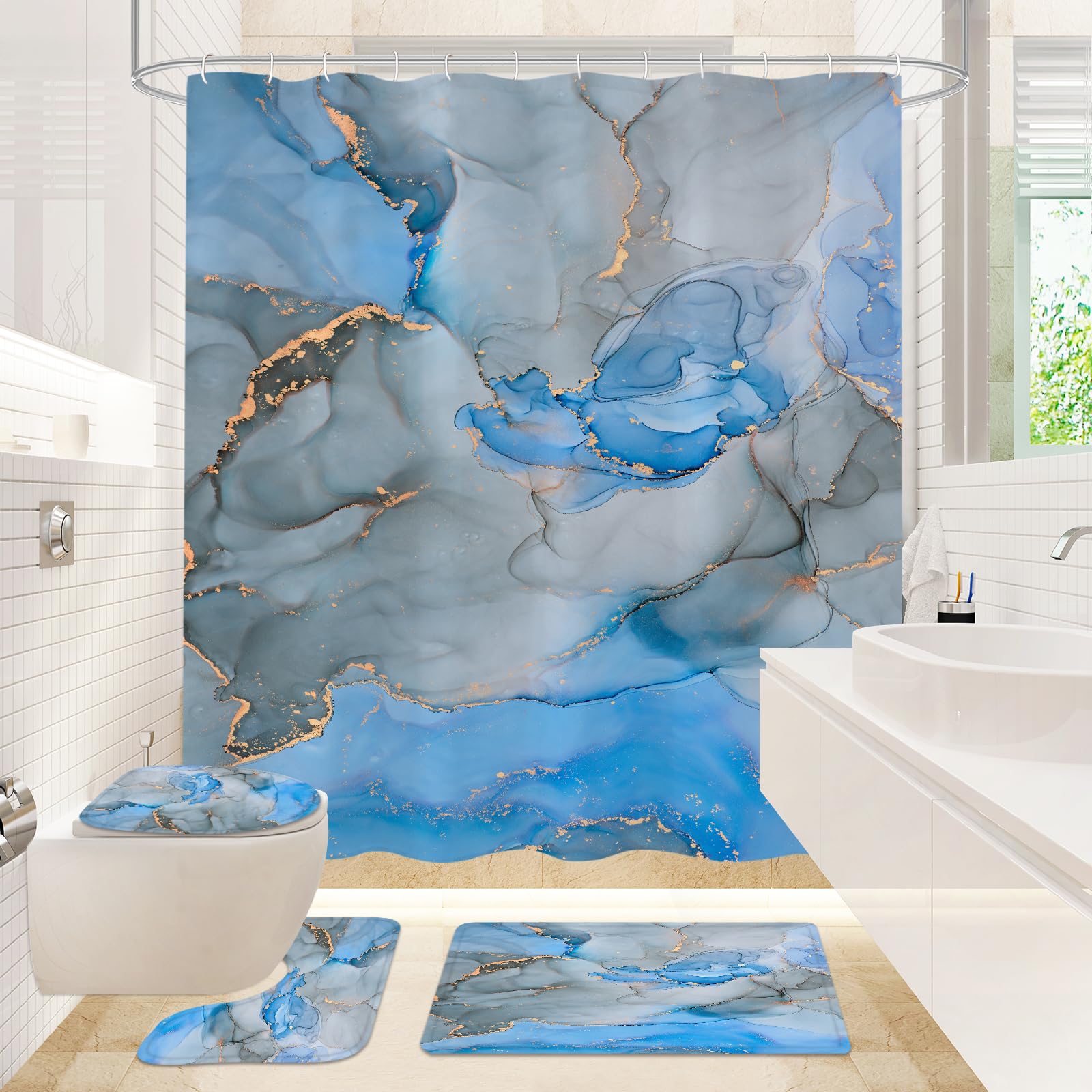 Gibelle 4-Piece Bathroom Shower Curtain Set - Non-Slip Rugs, Toilet Lid Cover & Bath Mat - Blue Grey Marble Bathroom Decor for Modern Homes - Perfect for Guest Bathrooms, Master Suites & Spa-Like Retreats
