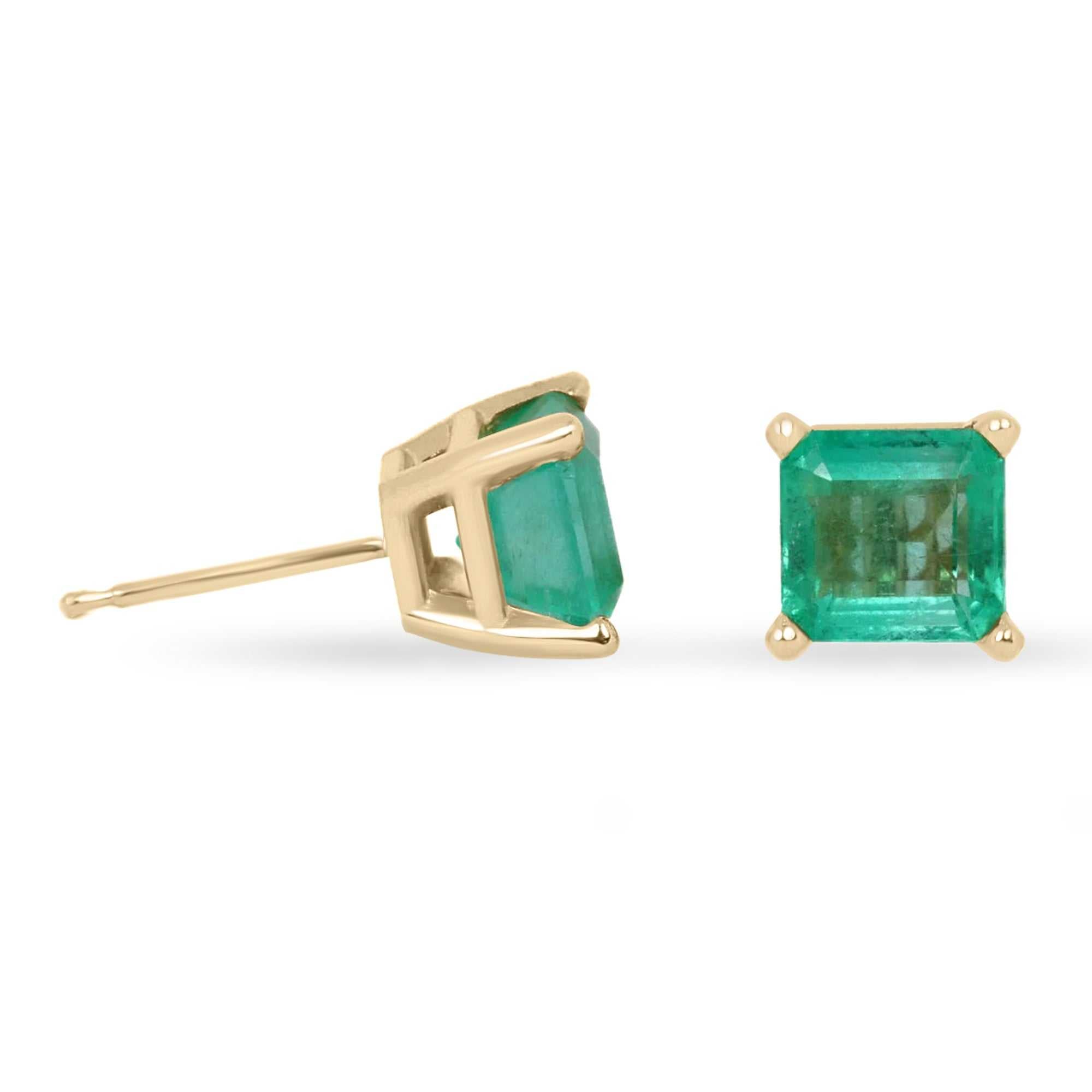2.0tcw Asscher Cut Certified Medium Green Emerald Stud Earrings in 14K Gold - Perfect for Weddings, Anniversaries & Special Occasions
