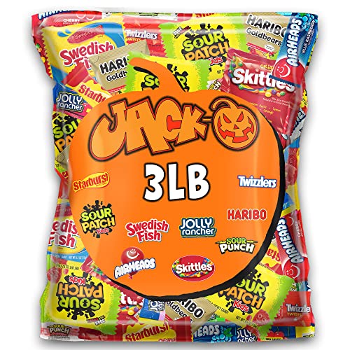 JACK-O Halloween Candy Variety Mix (3 Pound) - Sour Patch Kids, Haribo Gummy Bears, Skittles, Airheads, Jolly Ranchers, Starburst, Sour Punch, Swedish Fish & Twizzlers - Bulk Assorted Candy for Trick-or-Treating, Parties & Movie Nights