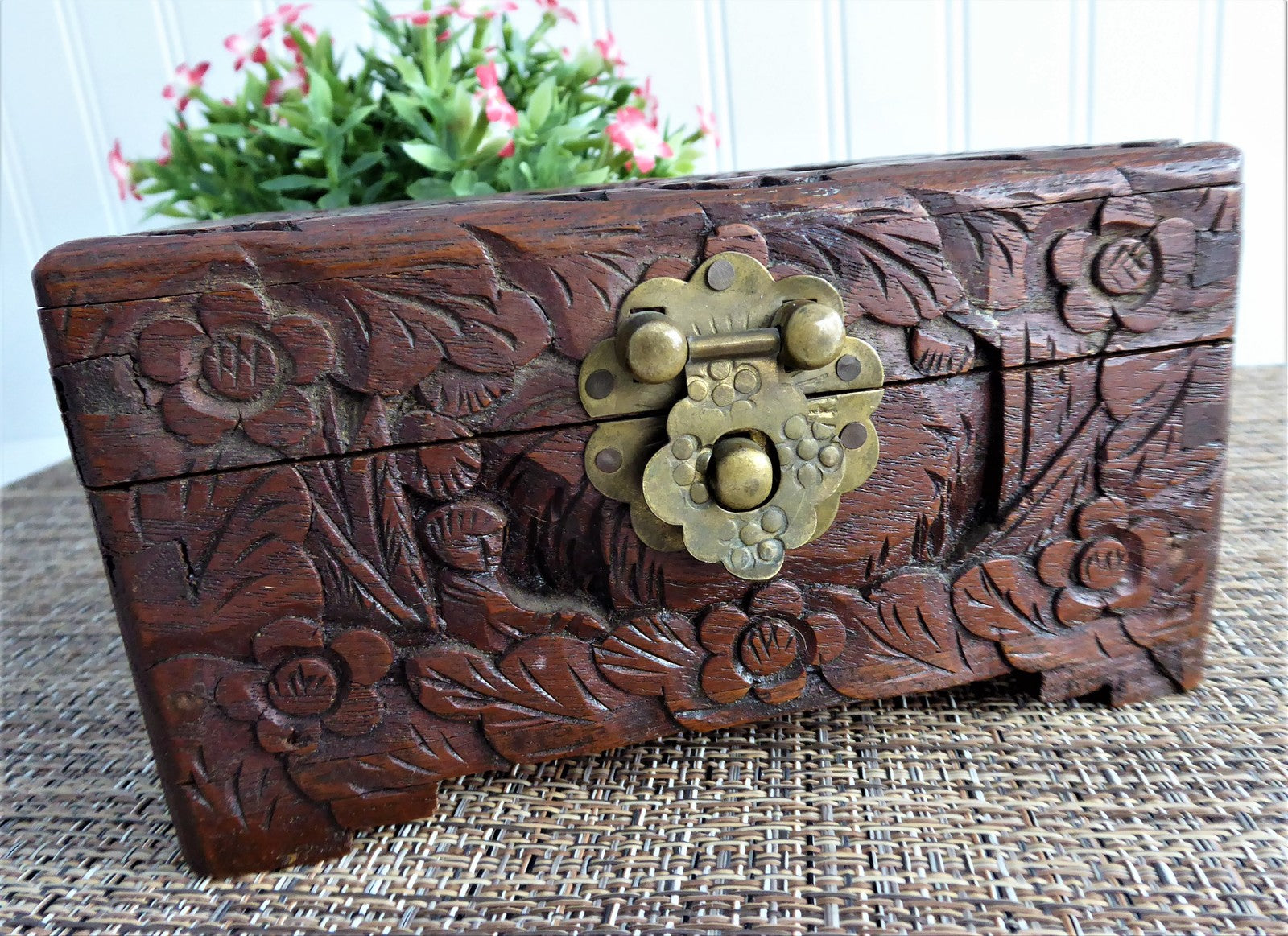 Vintage 1930s Hand Carved Wooden Tea Caddy with Brass Lock - Asian Inspired Jewelry Storage Box for Tea, Spices & Collectibles | Perfect for Home Decor, Gift Giving & Antique Display