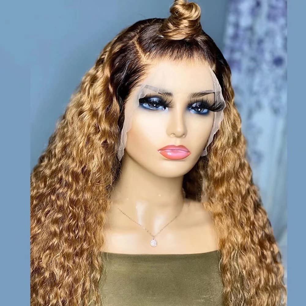 13x6 HD Transparent Lace Front Wig - Honey Blonde Ombre Brazilian Remy Human Hair - Glueless Natural Hairline with Baby Hair - 150% Density 24 Inch Curly Wig for Black Women | Perfect for Daily Wear, Special Occasions & Protective Styling