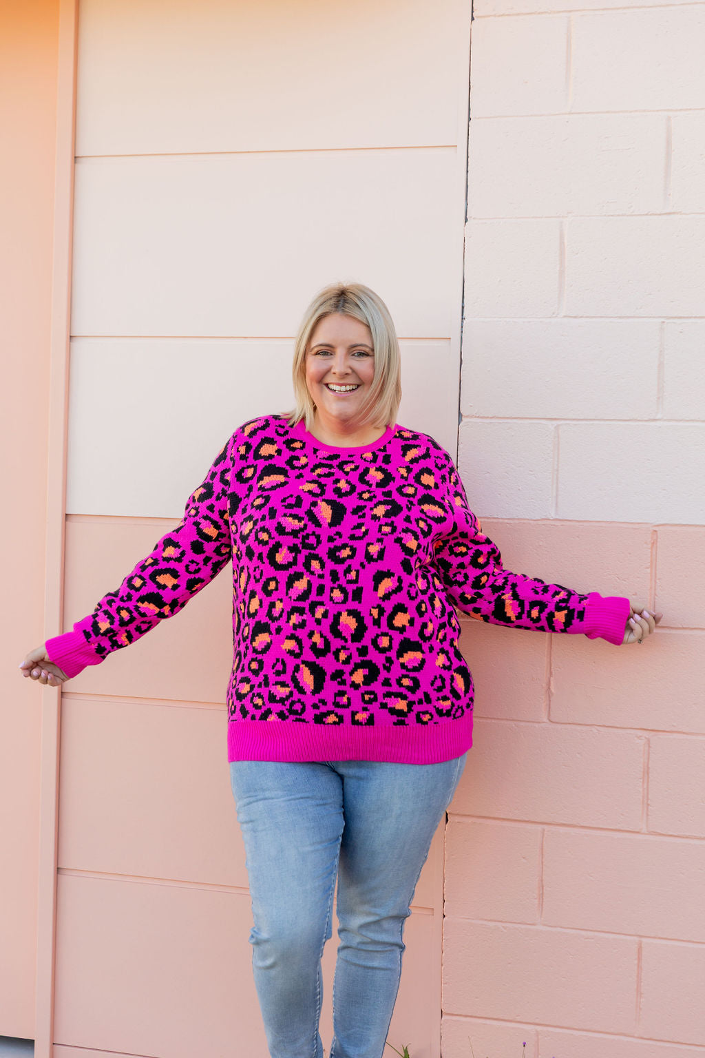 Kasey Rainbow Frankie Knit Sweater - Pink Leopard Print Women's Pullover | Cozy Winter Fashion for Casual Outings & Date Nights