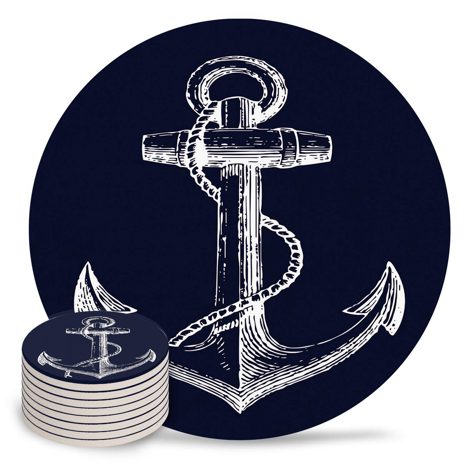 Nautical Anchor Drink Coasters Set of 8 - Navy Blue Absorbent Stone Ceramic Coasters with Cork Back for Car Cup Holders & Home Decor | Perfect for Boats, Beach Houses & Coastal-Themed Parties