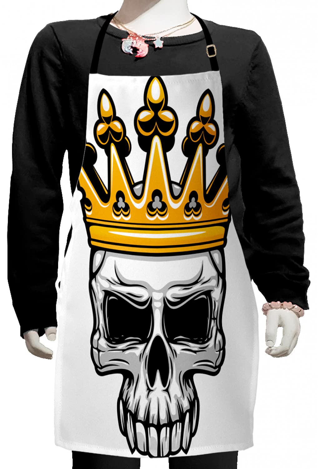 Ambesonne King Apron - Hand Drawn Crowned Skull with Tiara Design, Adjustable Ties for Baking, Cooking & Painting - Halloween Themed Kitchen Accessory (Small Size, Orange & Pale Grey) - Perfect for Halloween Parties, Cosplay & Gothic Cooking