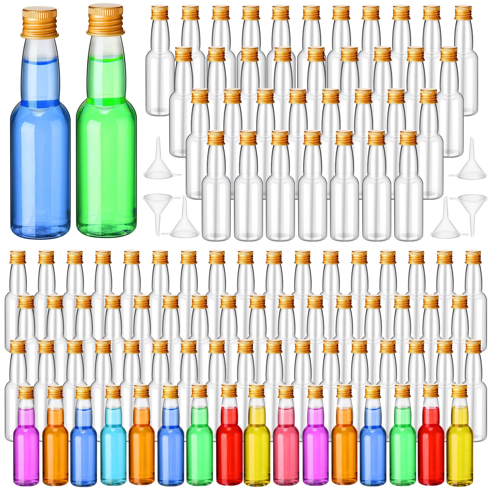 120 Pcs Mini Liquor Bottles (3.3 oz) - Airtight Empty Plastic Shot Bottles with Funnels for Alcohol, Whiskey & Spirits - Gold Miniature Bottles for Party Favors, Wedding Favors, DIY Cocktails & Home Bar Accessories