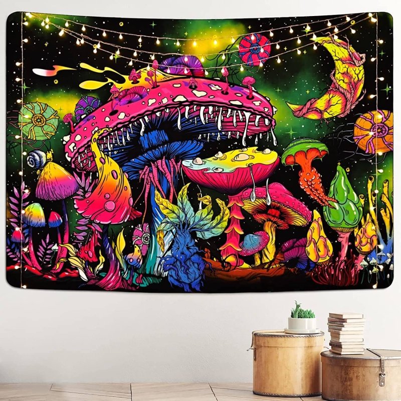 Mossy Mushroom Glow in The Dark Tapestry - UV Reactive Wall Art Decor for Bedroom, Living Room & Dorm Room