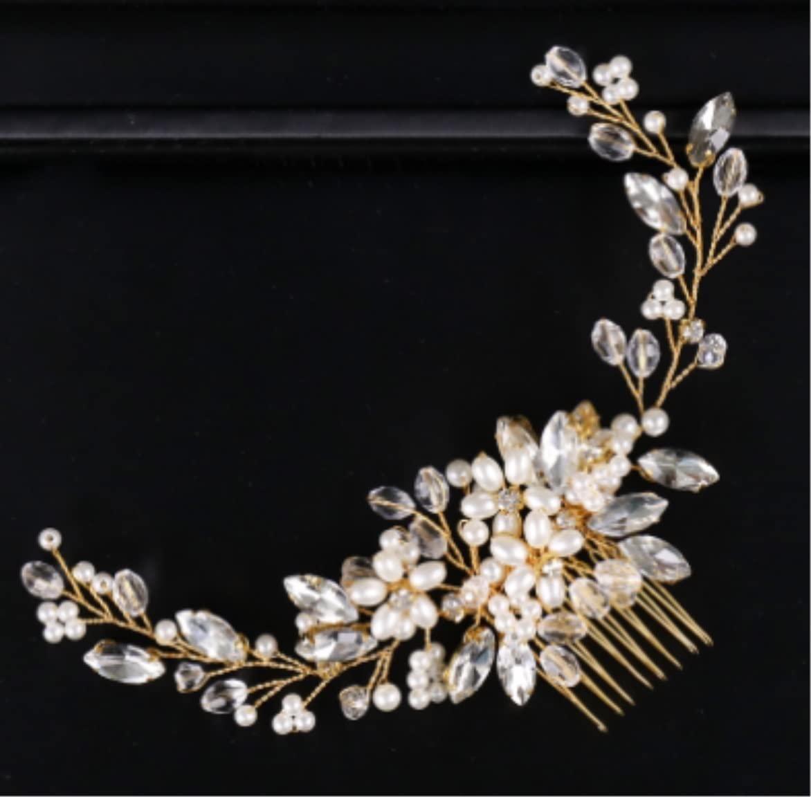 Elegant Crystal Rhinestone Pearl Bridal Hair Comb for Women - Gold & Blue Wedding Hair Jewelry Side Comb - Perfect for Bridal, Prom, Evening Gala & Special Occasions