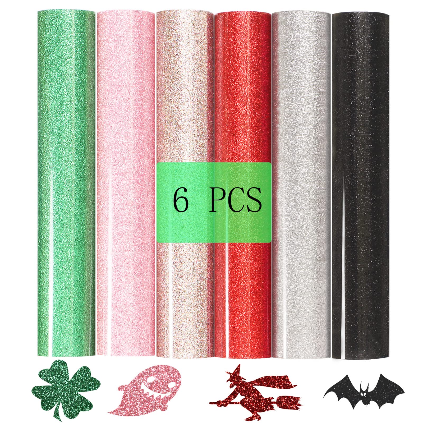 Glitter HTV Vinyl Sheets for Cricut - 6 Pack 12x10 Inch Multi-Color Heat Transfer Vinyl for T-Shirts & DIY Crafts - Perfect for Custom Apparel, Tumblers & Home Decor Projects