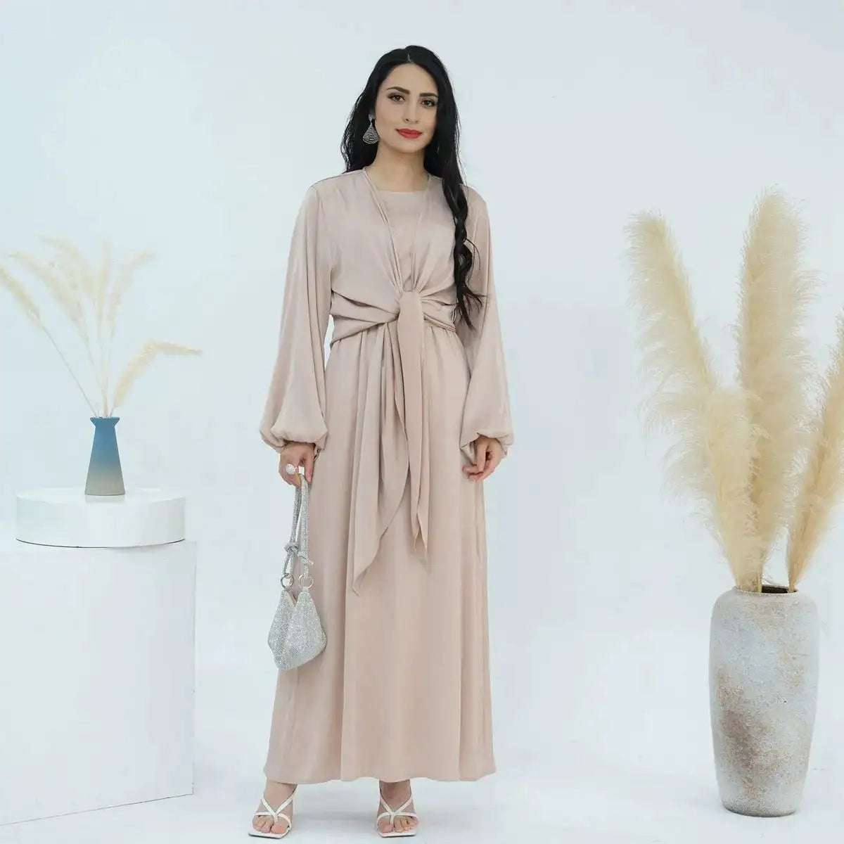 2-Piece Sleeveless Abaya Dress Set with Outer Tops - Modest Muslim Women's Prayer Dress for Home & Mosque Wear