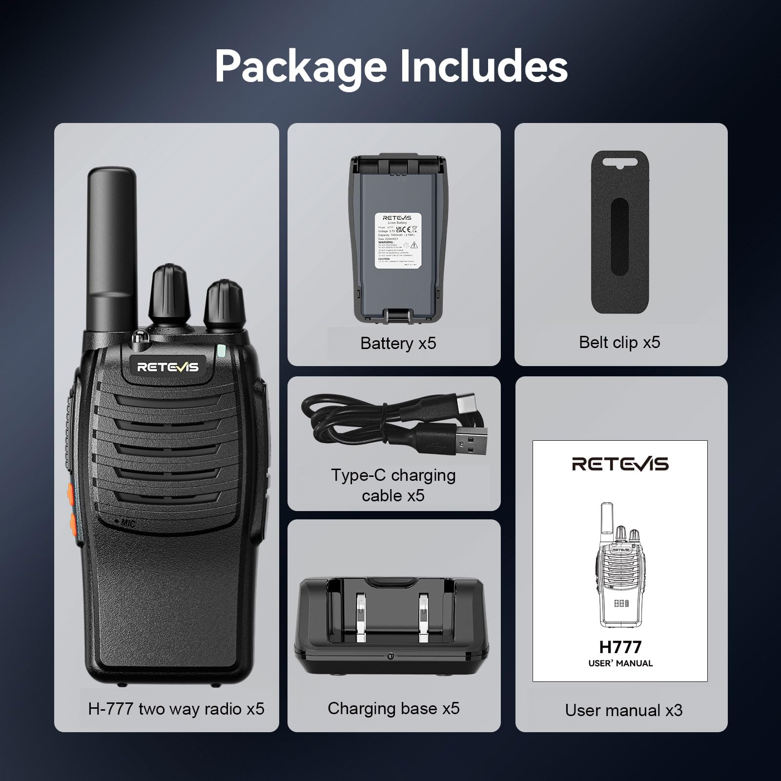Retevis H777 Long Range Walkie Talkies - 5 Pack Rechargeable Two Way Radios with Separate Charging Dock & Built-in Flashlight | FRS Durable Communication for Construction Sites, Factories, Warehouses, Outdoor Adventures & Emergency Preparedness