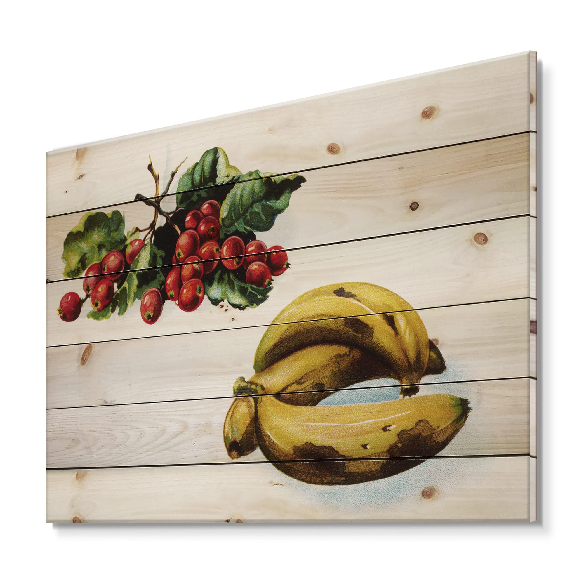 Farmhouse Wood Wall Decor - Banana & Red Berries Design, Yellow Wood Wall Art, Large Food & Beverage Wall Panels Printed on Natural Pine Wood - Perfect for Kitchen, Dining Room & Country Style Home Decor