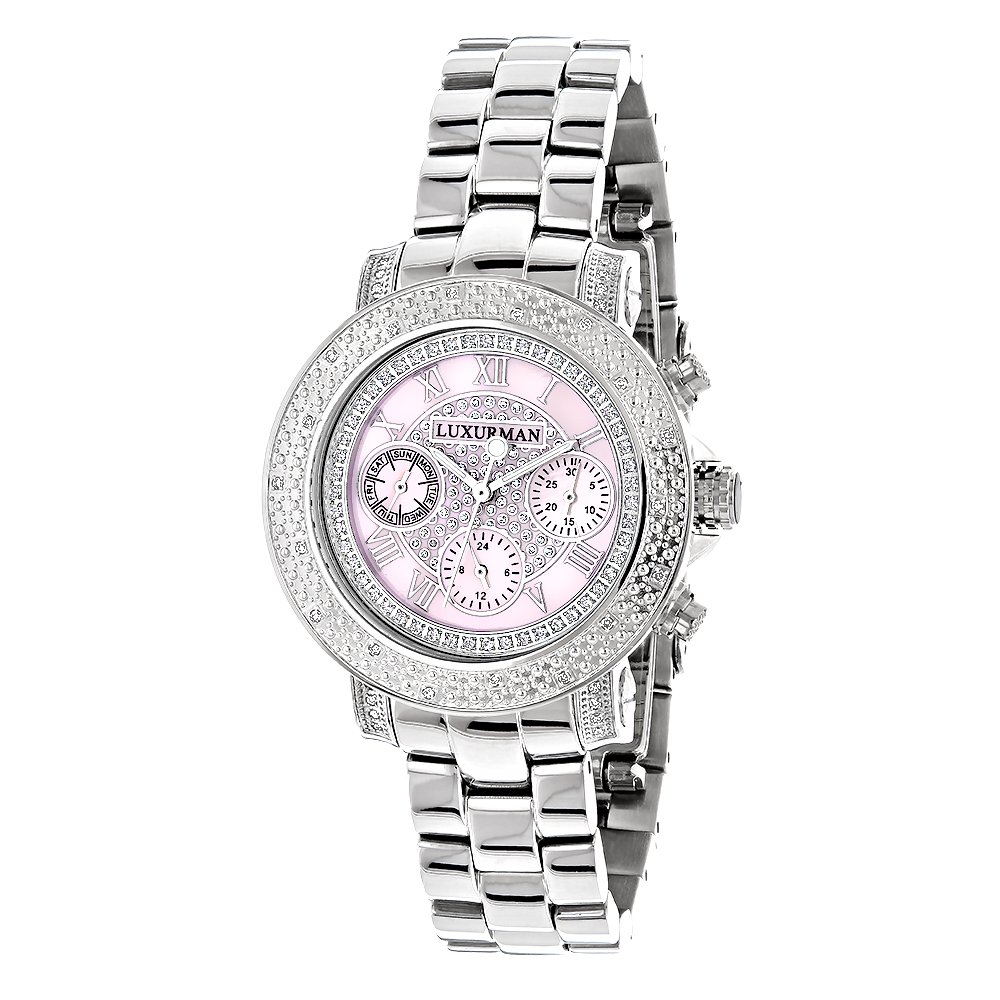 LUXURMAN Women's Diamond Watch 0.3ct Pink Mother of Pearl Face - Oversized Luxury Ladies Watch for Business, Party & Special Occasions