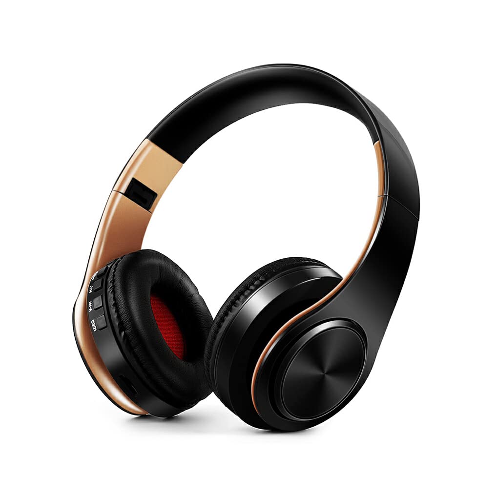 Nilioyul HiFi Stereo Wireless Bluetooth 5.0 Headphones - Noise Cancelling Over-Ear Headset with Mic for Laptop, PC, Mobile Phone (Black Gold) | Perfect for Gaming, Music, Work & Travel