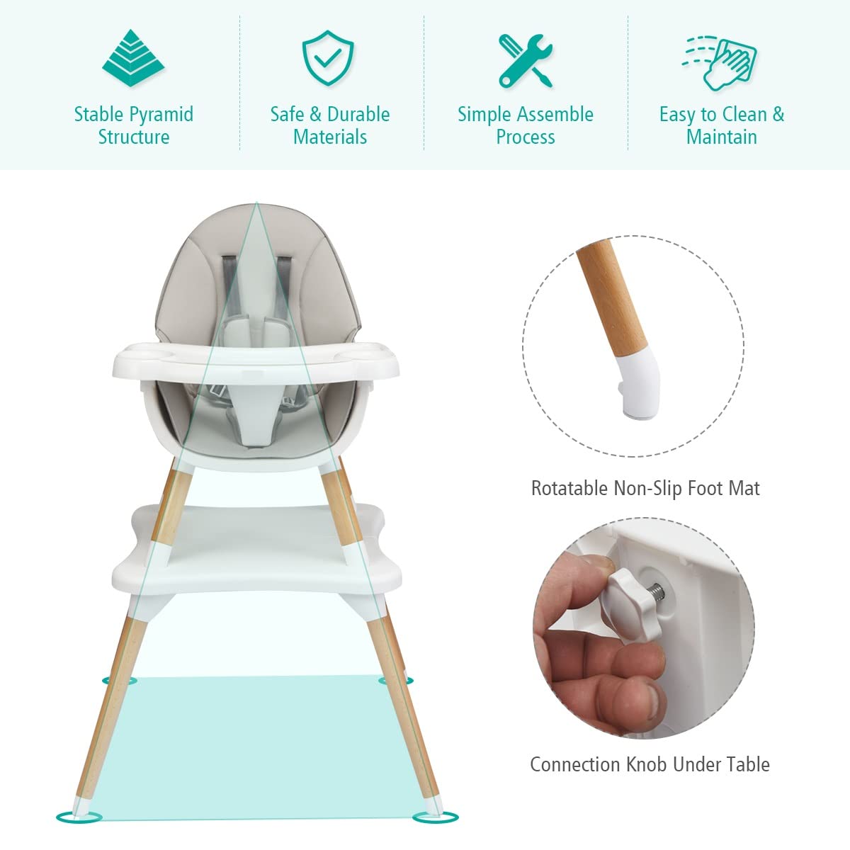 INFANS 5-in-1 Convertible Baby High Chair with 5-Point Safety Harness, Detachable Tray & Wipeable Cushion - Wooden Dining Chair, Booster Seat, Table & Chair Set for Toddlers & Infants (Grey) | Perfect for Feeding, Playtime & Learning Activities at Home