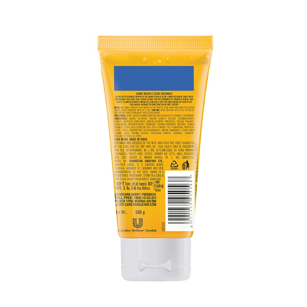 LAKMÉ Blush & Glow Lemon Freshness Gel Face Wash with Lemon Extracts for Oily Skin - 100g (Pack of 2) | Refreshing Daily Cleanser for Brightening & Oil Control | Perfect for Morning & Night Skincare Routine