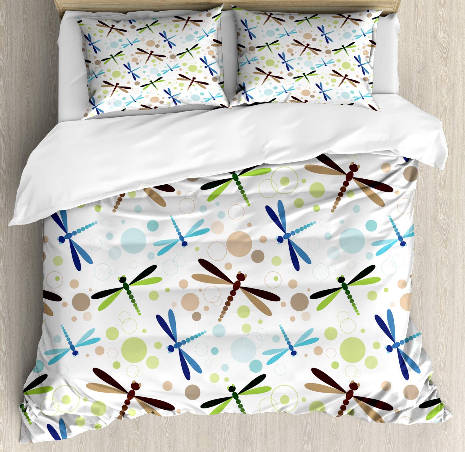 Ambesonne Dragonfly Duvet Cover Set - Vibrant Flying Dragonflies with Bubbles & Circular Patterns, 2-Piece Cal King Size Bedding Set with 4 Pillowcases - Perfect for Bohemian & Nature-Inspired Bedroom Decor