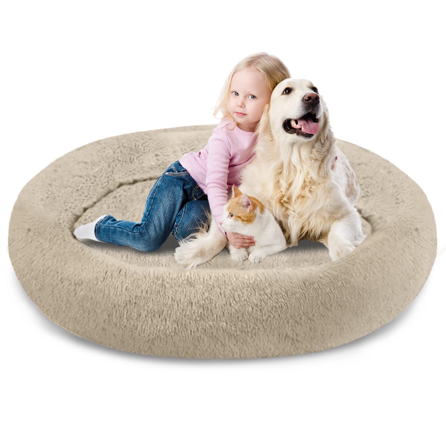 SAVFOX Plush Calming Donut Dog Bed for Small, Medium, Large & X-Large Breeds - Ultra Soft Faux Fur Pet Bed for Dogs & Cats, Machine Washable (Sizes S-XXL) - Perfect for Anxiety Relief, Cuddling & Cozy Napping in Living Room or Bedroom