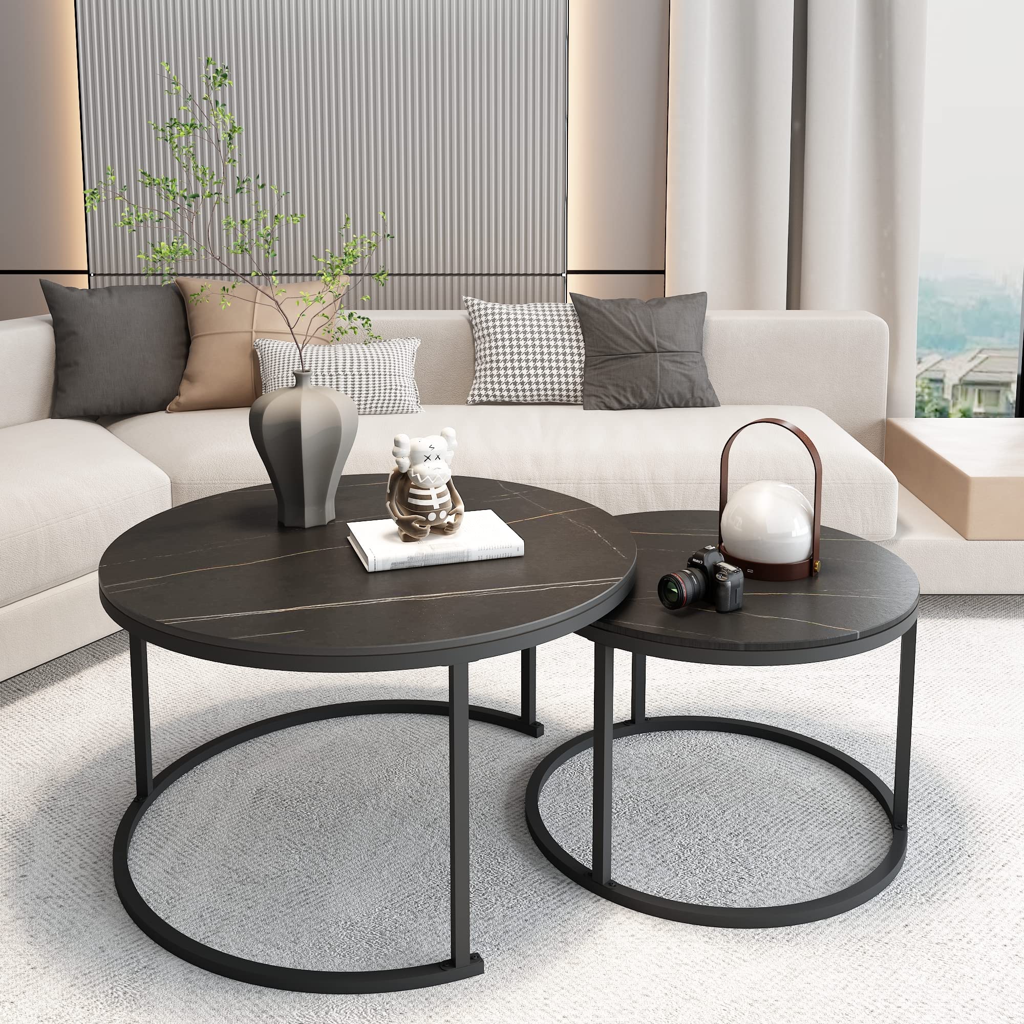 Round Nesting Coffee Table Set of 2 - Slate Top & Sturdy Metal Frame Side Tables for Small Spaces | Perfect for Living Room, Apartment & Office Decor