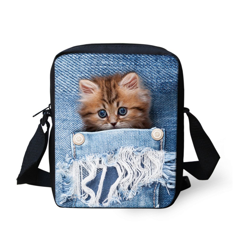 Cute Blue Denim Small Crossbody Bag for Girls - Cat Print Handbag Purse - Perfect for School, Travel & Everyday Use