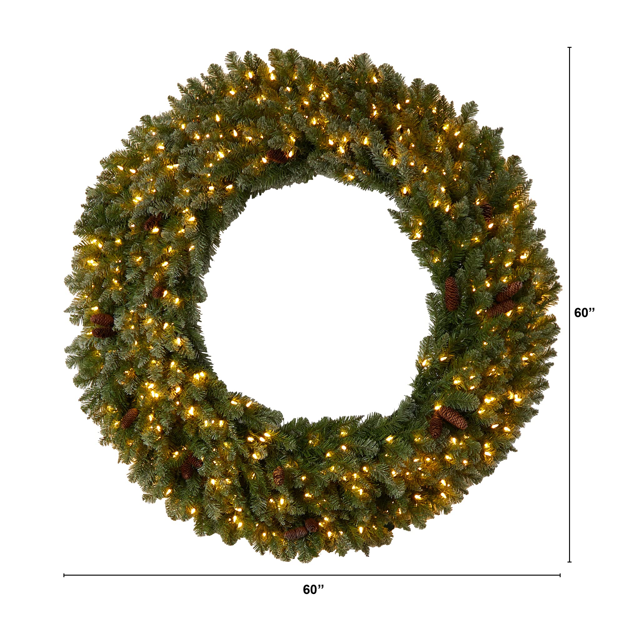 Nearly Natural 5ft Flocked Artificial Christmas Wreath with Pinecones, 300 Clear LED Lights & 680 Bendable Branches – Perfect for Holiday Door Decor, Fireplace Mantel & Festive Home Decoration
