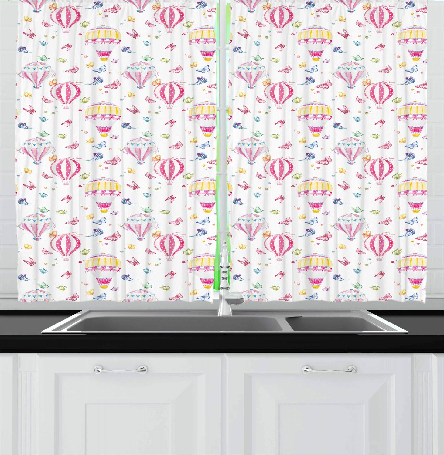 Ambesonne Girly Kitchen Curtains - Watercolor Hot Air Balloons & Butterflies Colorful Window Drapes, 2 Panel Set for Kitchen & Cafe Decor, 55 x 39 Inches, Multicolor - Perfect for Boho Chic Home, Nursery & Breakfast Nook Decor