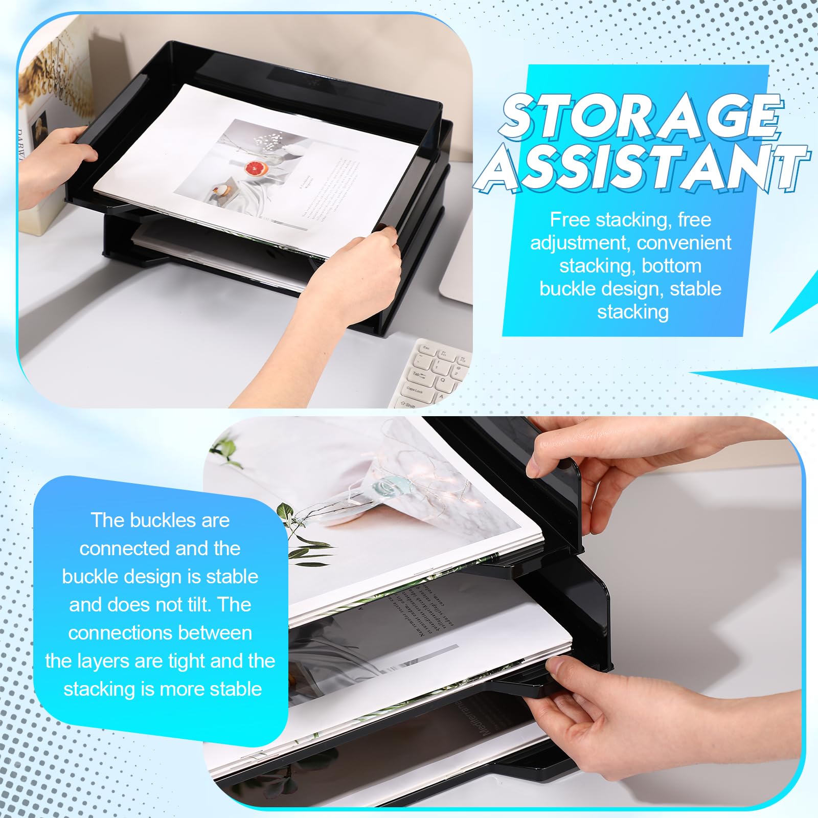 4-Piece Stackable Plastic Letter Tray Set - 13 x 9.5 x 2.6 Inch Rectangular Desk Organizer | Black File Holder for Office Documents, Mail & Paperwork | Perfect for Home Office, School Desk & Workplace Organization