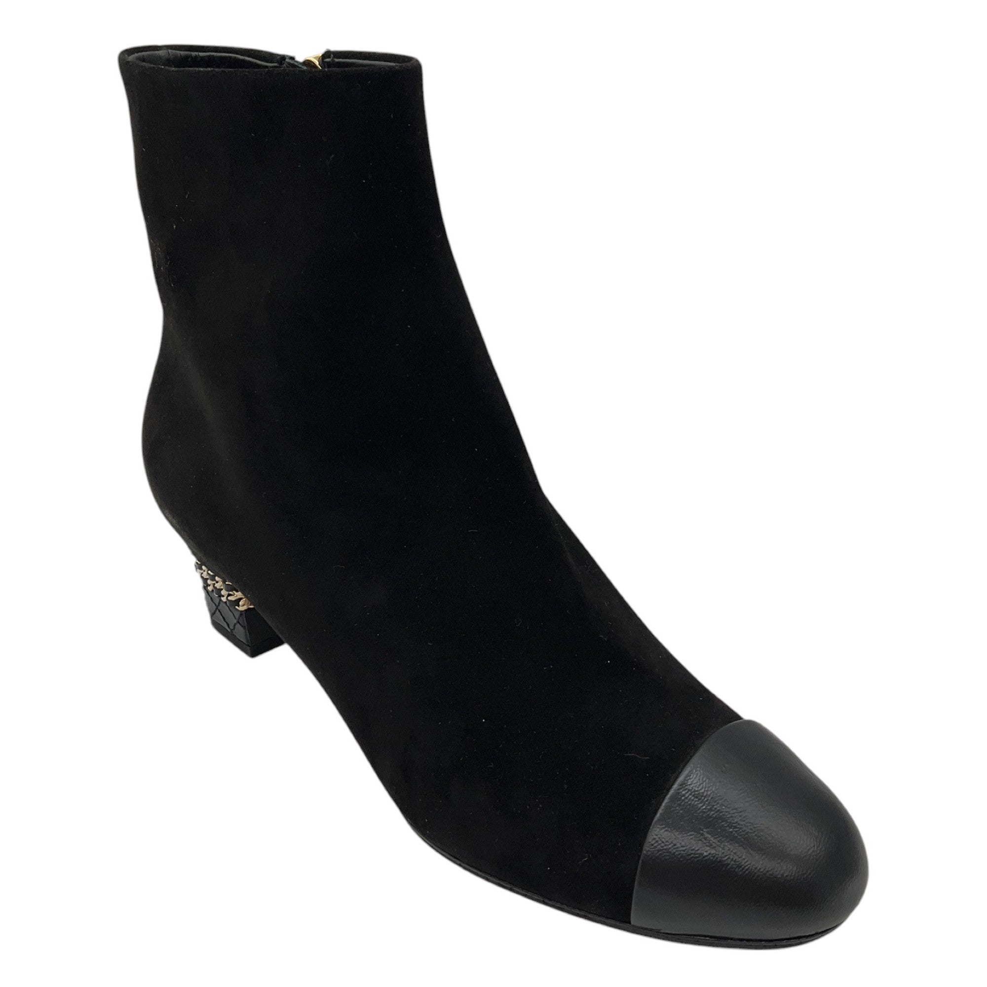 Chanel Black & Gold CC Logo Chain Heel Cap Toe Suede Boots for Women - Luxury Fashion Ankle Boots for Party, Night Out & Special Occasions