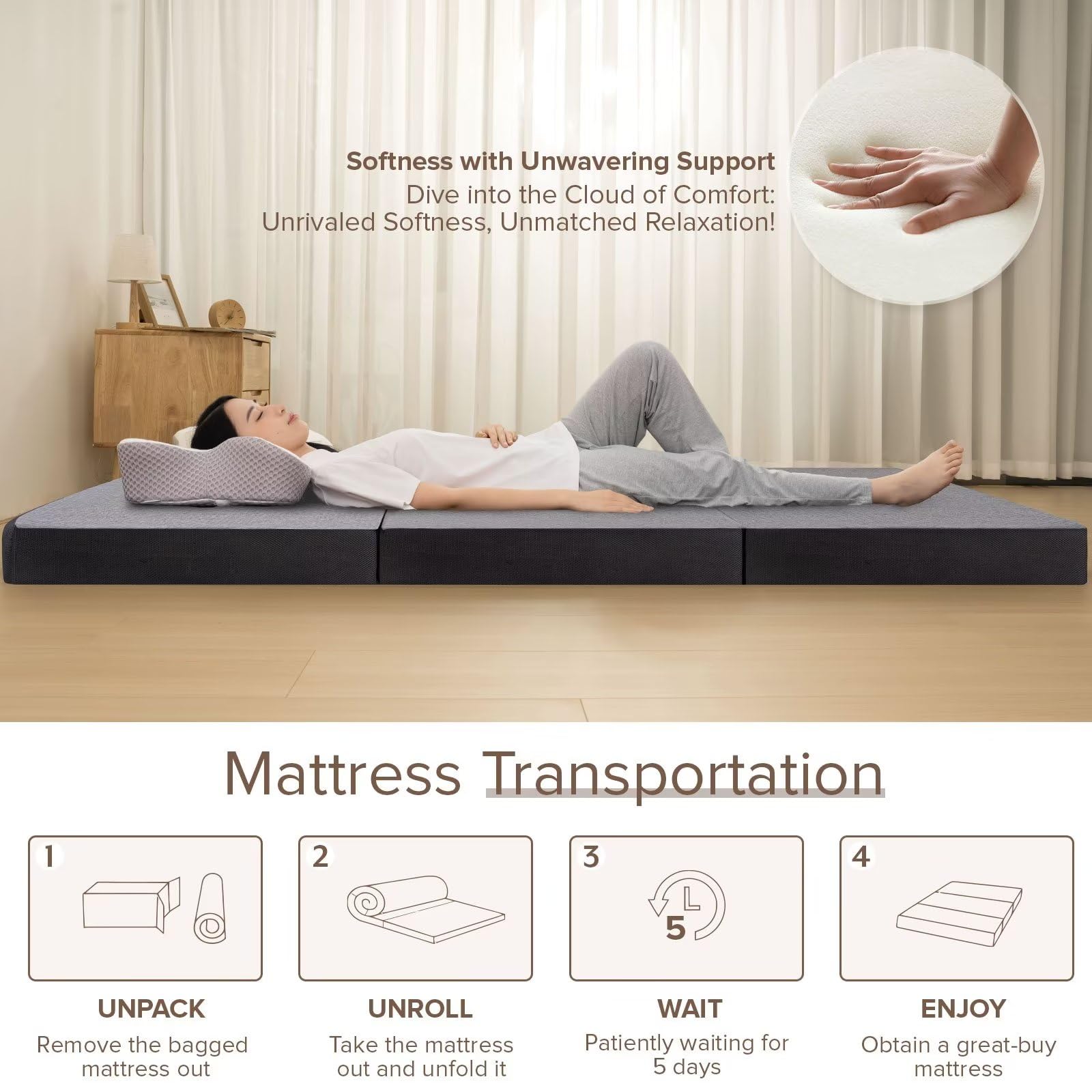 Vamcheer 4 Inch Tri-Fold Memory Foam Mattress - Single Size Foldable Mattress for Travel, RV, Camping, Guest Room & Yoga | Portable with Washable Cover, Handle & Non-Slip Bottom (75