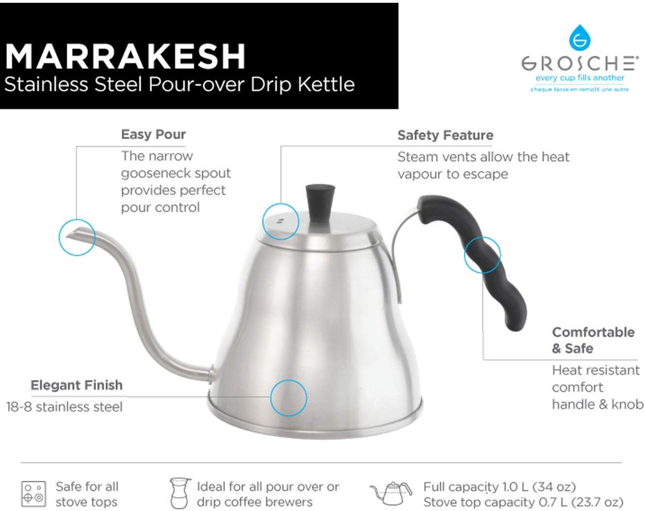 GROSCHE Marrakesh Gooseneck Kettle - 34oz Stainless Steel Stovetop Pour Over Coffee & Tea Kettle - Precise Pouring for French Press, Chemex & Drip Coffee - Perfect for Home Baristas & Tea Lovers