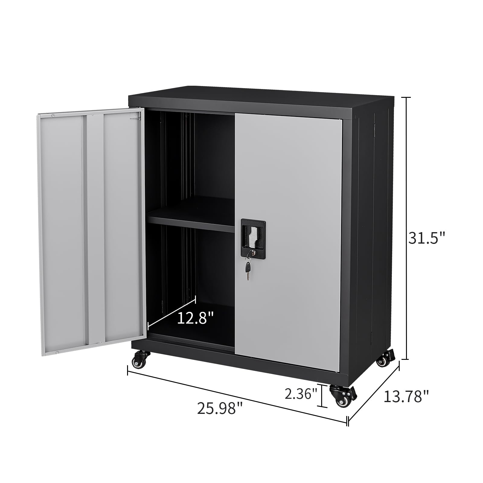 Metal Storage Cabinet with Wheels & Lockable Doors - Adjustable Shelf Steel Garage Cabinet for Office, Home, Classroom - Heavy Duty Black & Grey Storage Organizer for Tools, Supplies & Equipment