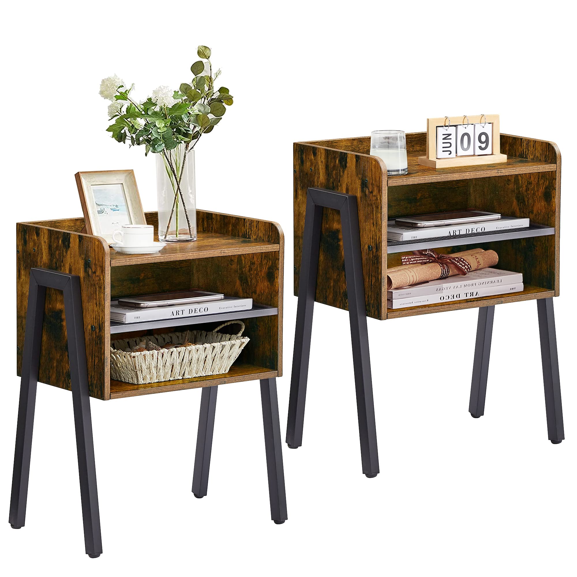 VECELO 2-Pack Industrial Nightstand Set - Rustic Brown Stackable End Tables with 2-Tier Open Storage for Bedroom, Living Room & Small Spaces | Perfect for Apartment Decor, Studio Furniture & Space-Saving Home Organization