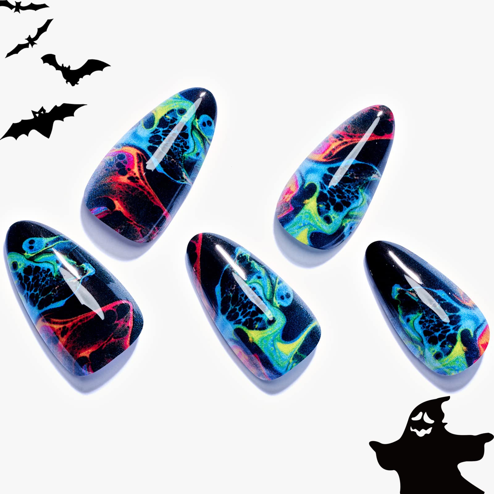 GLAMERMAID Ombre Black Press on Nails - Medium Almond Blue Emo Crush Fake Nails with Gothic Design | Reusable Acrylic False Nail Kit for Women | Perfect for Halloween, Parties, Cosplay & Gothic Fashion