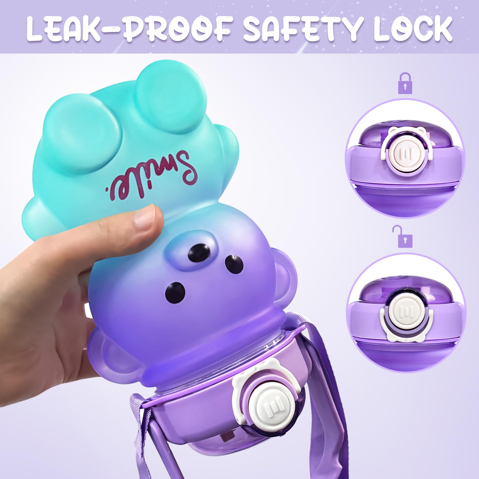 CLWVPCOT 32oz Bear Water Bottle with Straw & Strap - Cute Kawaii Teddy Bear Leak-Proof Water Bottle for Girls & Kids - Perfect for School, Travel, Sports & Outdoor Activities (Pink)