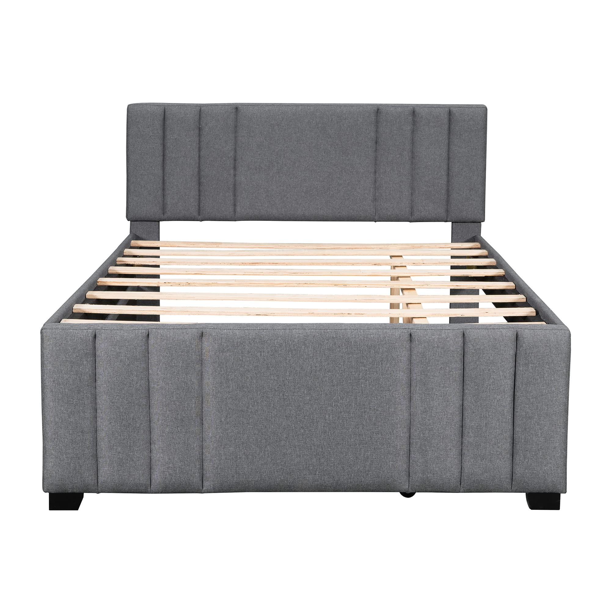 SOFTSEA Full Size Upholstered Platform Bed with Trundle - Tufted Headboard Twin Bed Frame, No Box Spring Required, Easy Assembly, Gray | Perfect for Guest Rooms, Kids' Bedrooms & Small Spaces