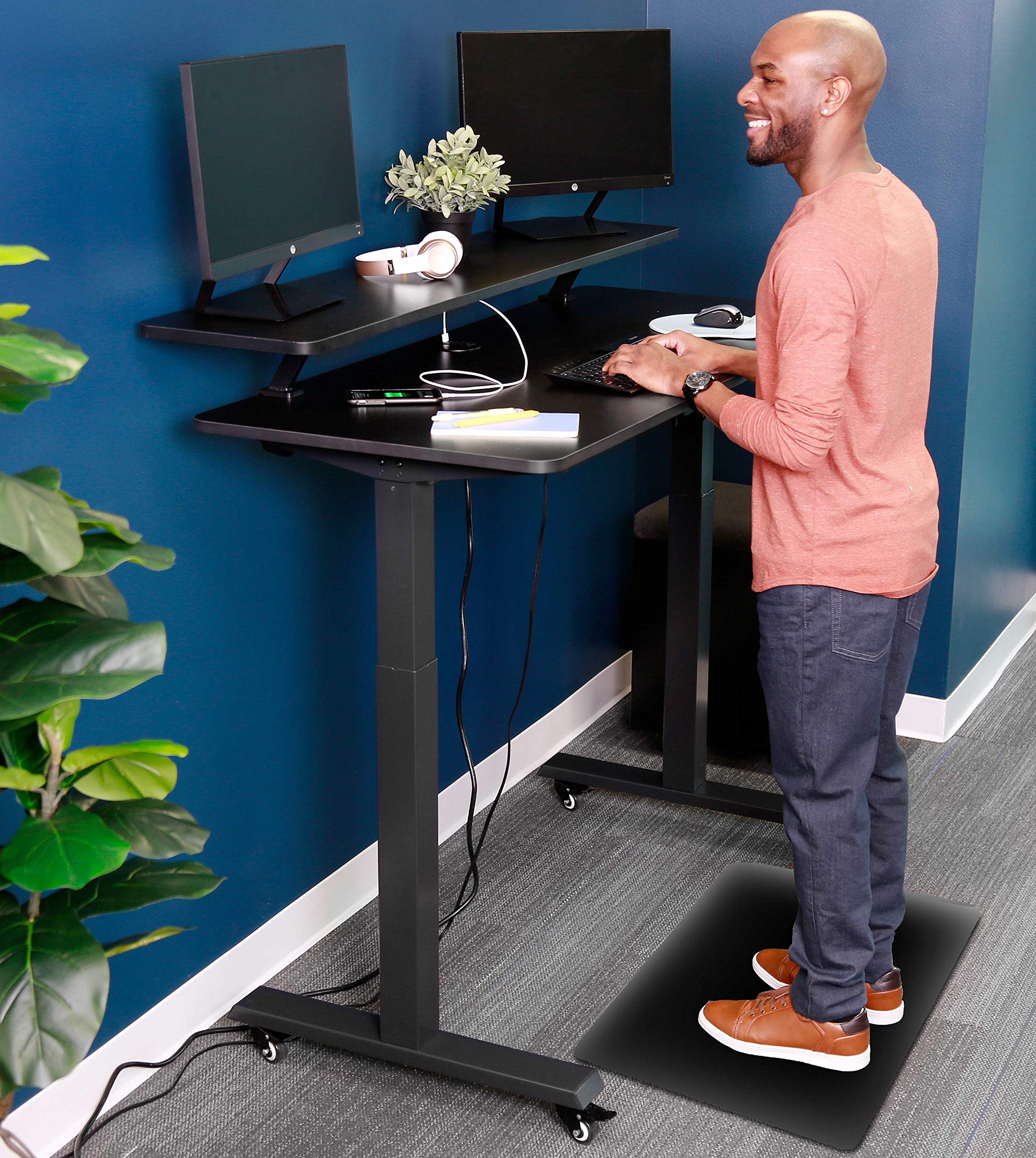 Tranzendesk Power 55 Inch Electric Standing Desk with Built-In Charging | Height Adjustable Stand Up Desk with Clamp-On Shelf | Electronic Desk with 1 AC Outlet & 2 USB Ports (55/Black) | Perfect for Home Office, Gaming Setup & Workspace Ergonomics
