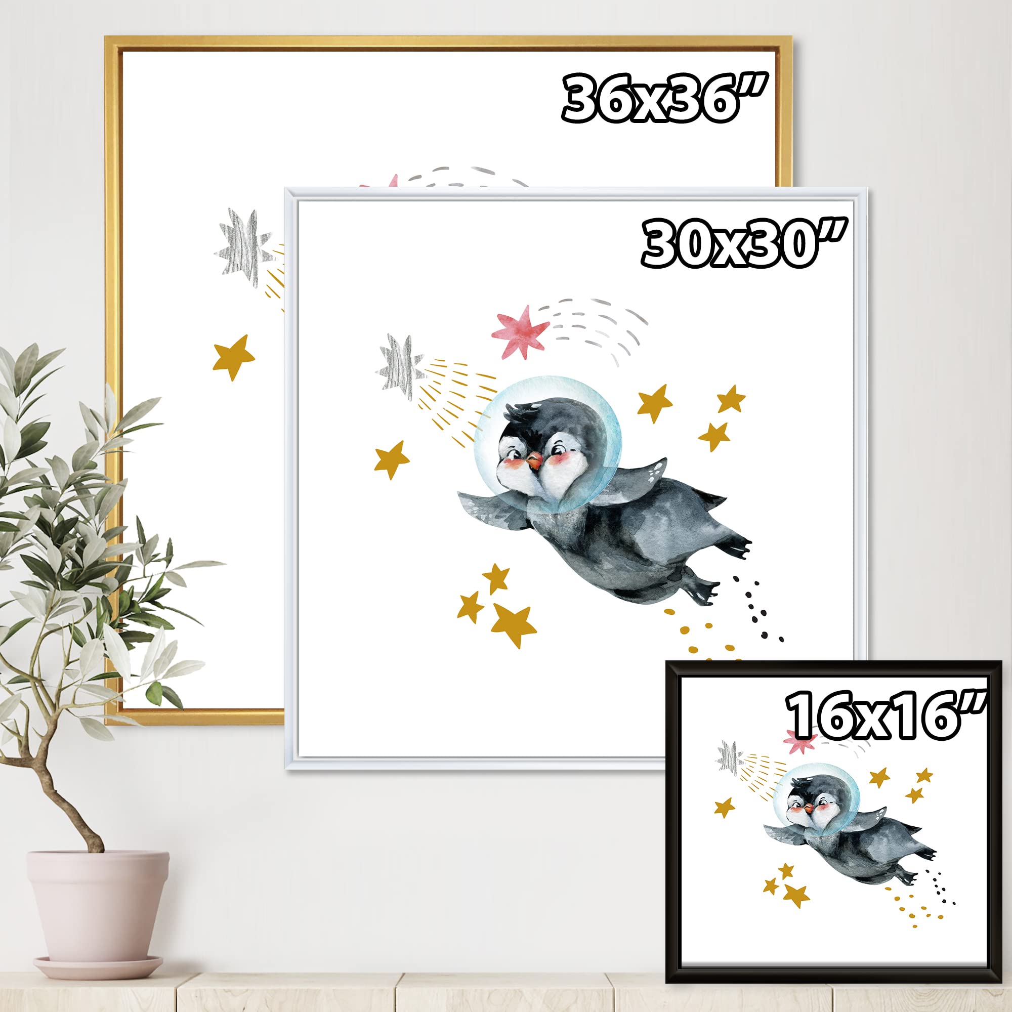 DesignQ Little Penguin Flying Stars and Planets I - Farmhouse Framed Canvas Wall Art Print for Living Room, Nursery & Bedroom Decor