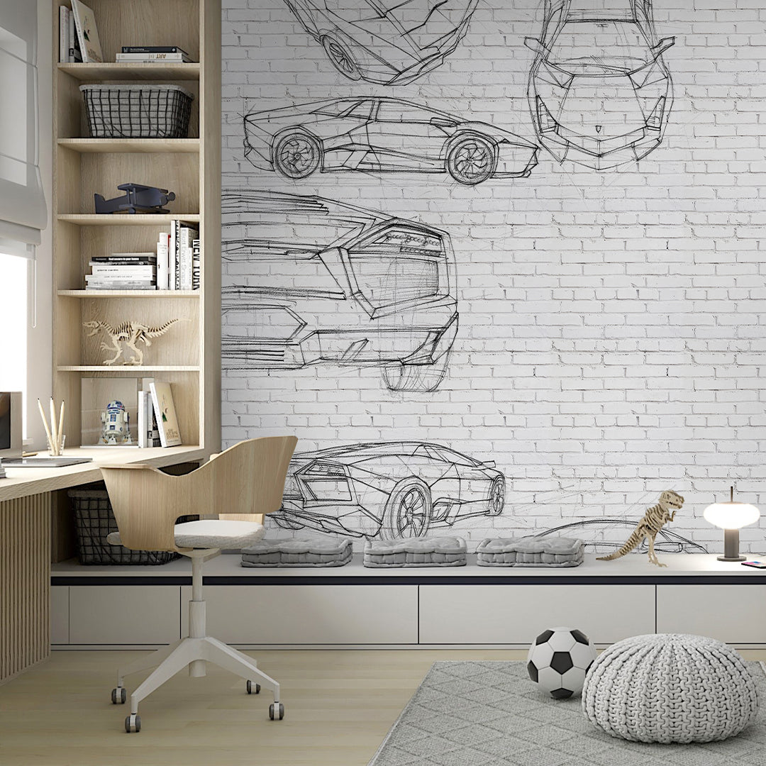 Car Sketch Art Wall Mural CCM191 - Hand-Drawn Automotive Design Decal for Bedroom, Living Room & Office Decor