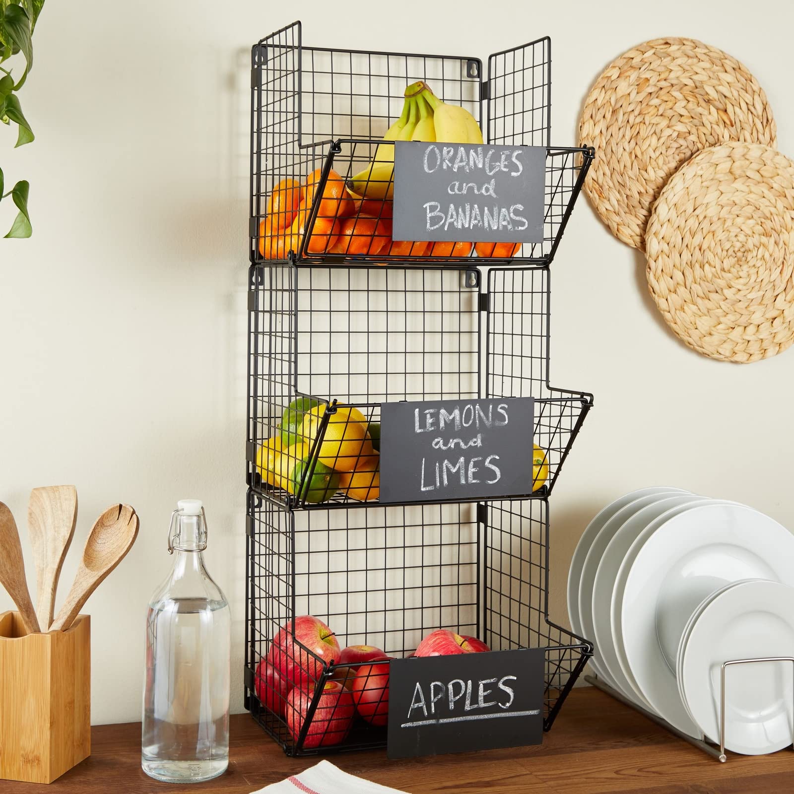 Juvale 3-Tier Over The Door Hanging Basket Organizer - Black Metal Wire Storage Bins for Fruits, Vegetables, Snacks - Space Saving Kitchen & Pantry Organization - Perfect for Small Apartments, Dorms & Closet Storage (11.7