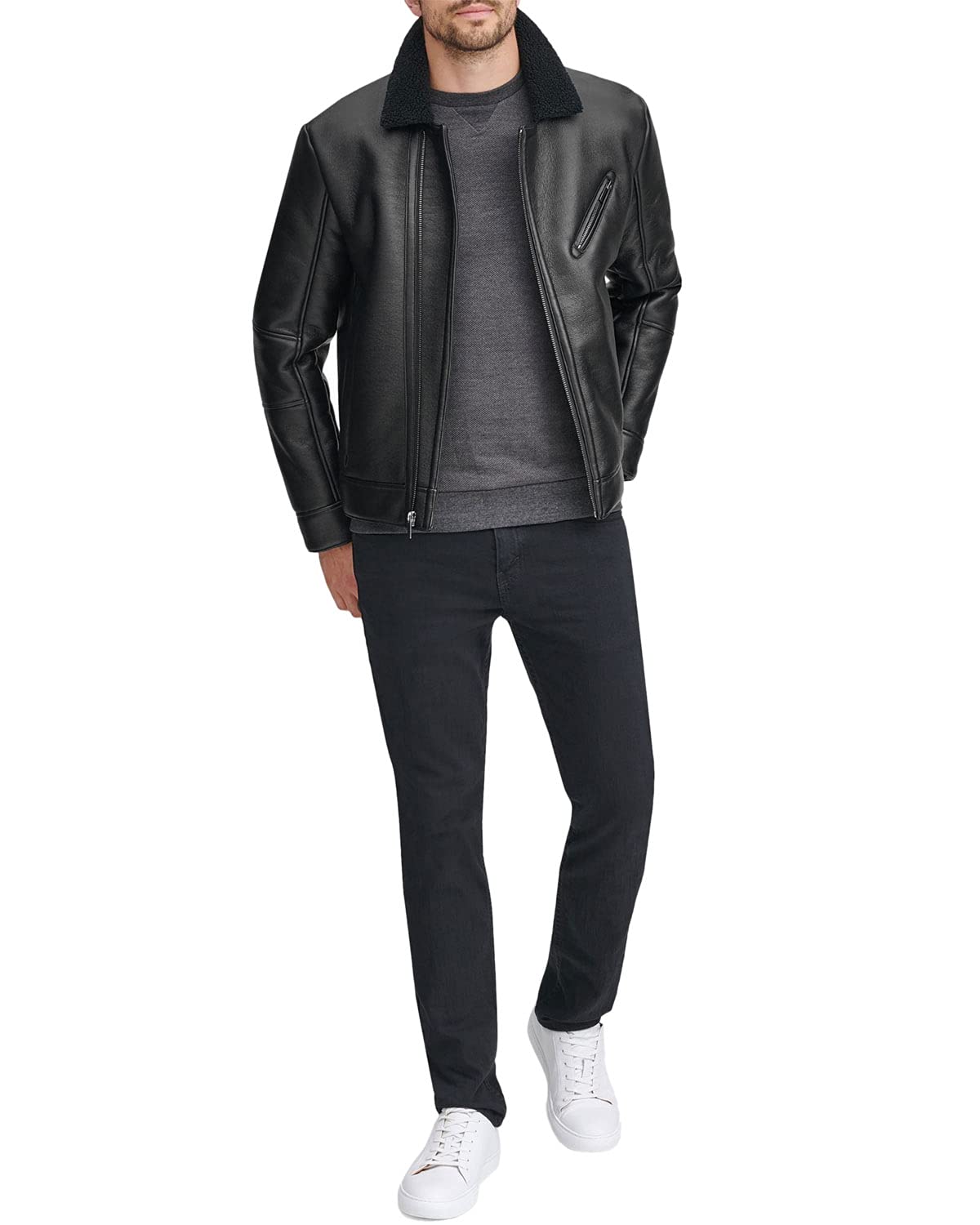 Andrew Marc Men's Faux Leather Sherpa Lined Jacket - Winter Warm Coat for Outdoor Activities & Casual Wear