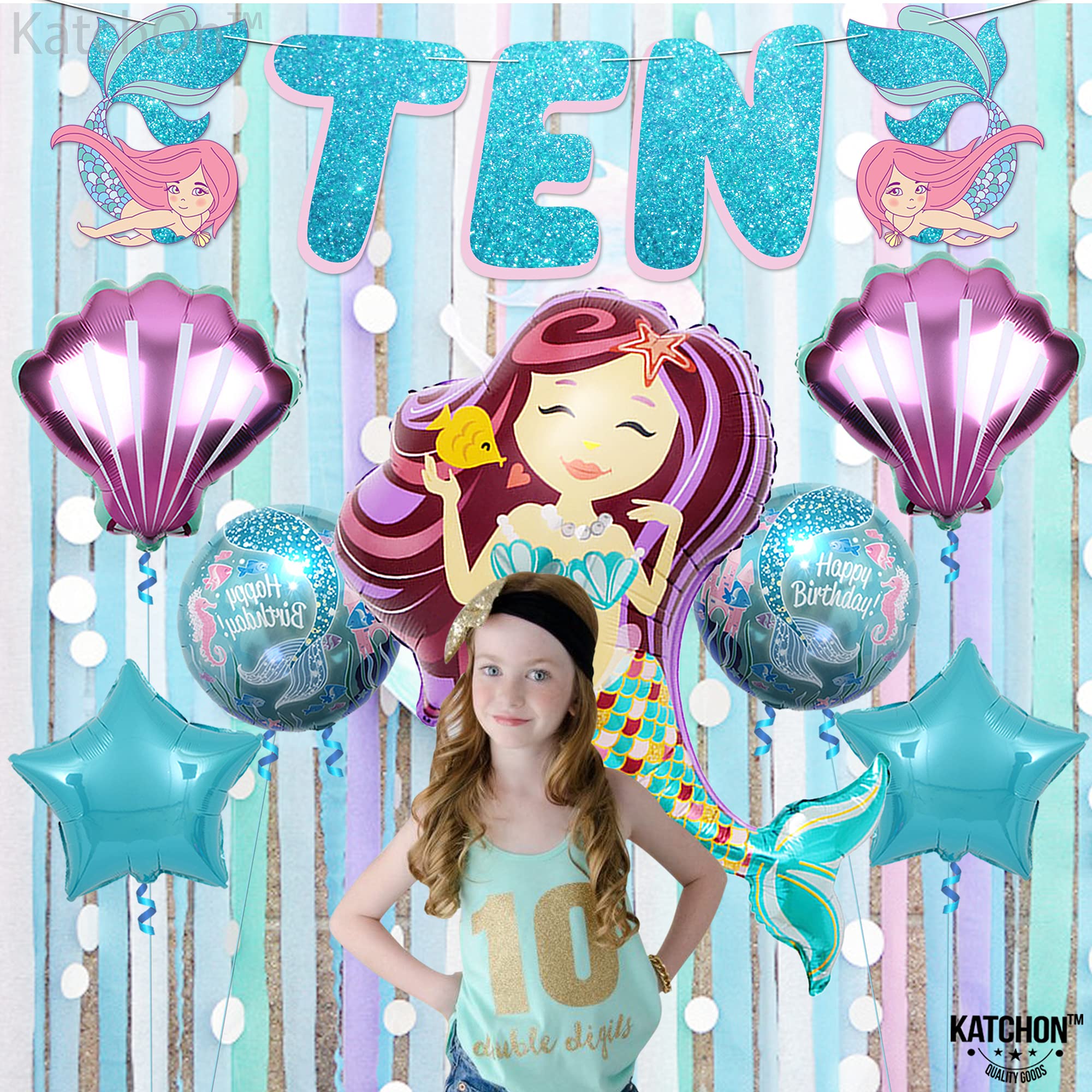 KatchOn Mermaid Birthday Decorations for Girls - 10th Birthday Party Supplies Set of 8 Mermaid Balloons | Perfect for Mermaid Themed Parties, Underwater Decor, and 10 Year Old Girl Celebrations