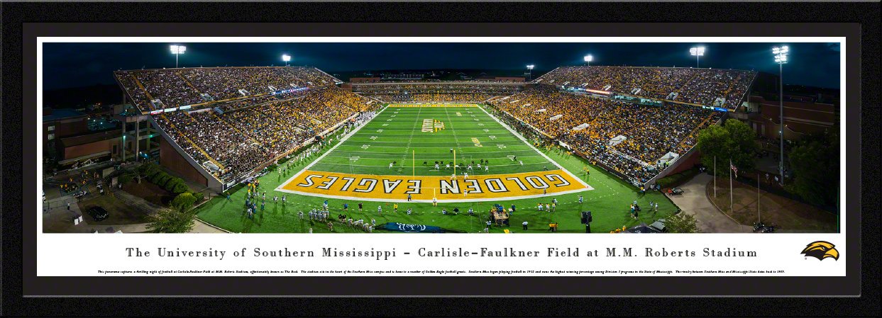 Southern Miss Golden Eagles Football Panoramic Wall Art - Framed Poster or Print for Game Room, Man Cave, and Sports Fan Decor