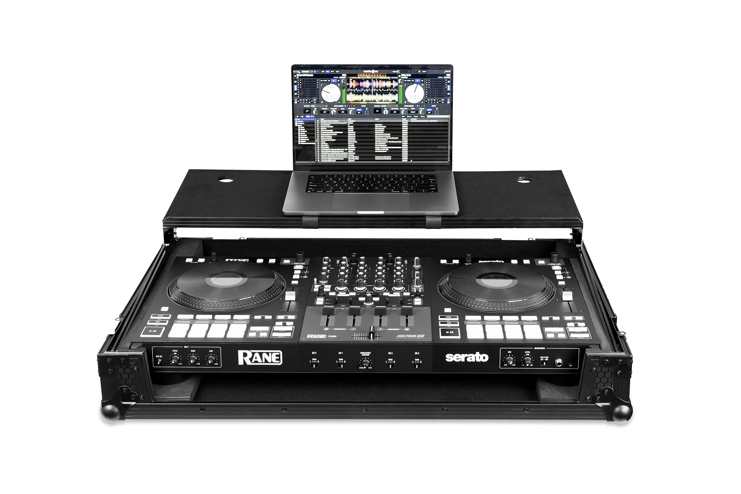 Rane Four & Rane Performer DJ Flight Case - Pitch Black Headliner with Laptop Platform & Wheels | Perfect for DJ Gigs, Club Performances & Music Events