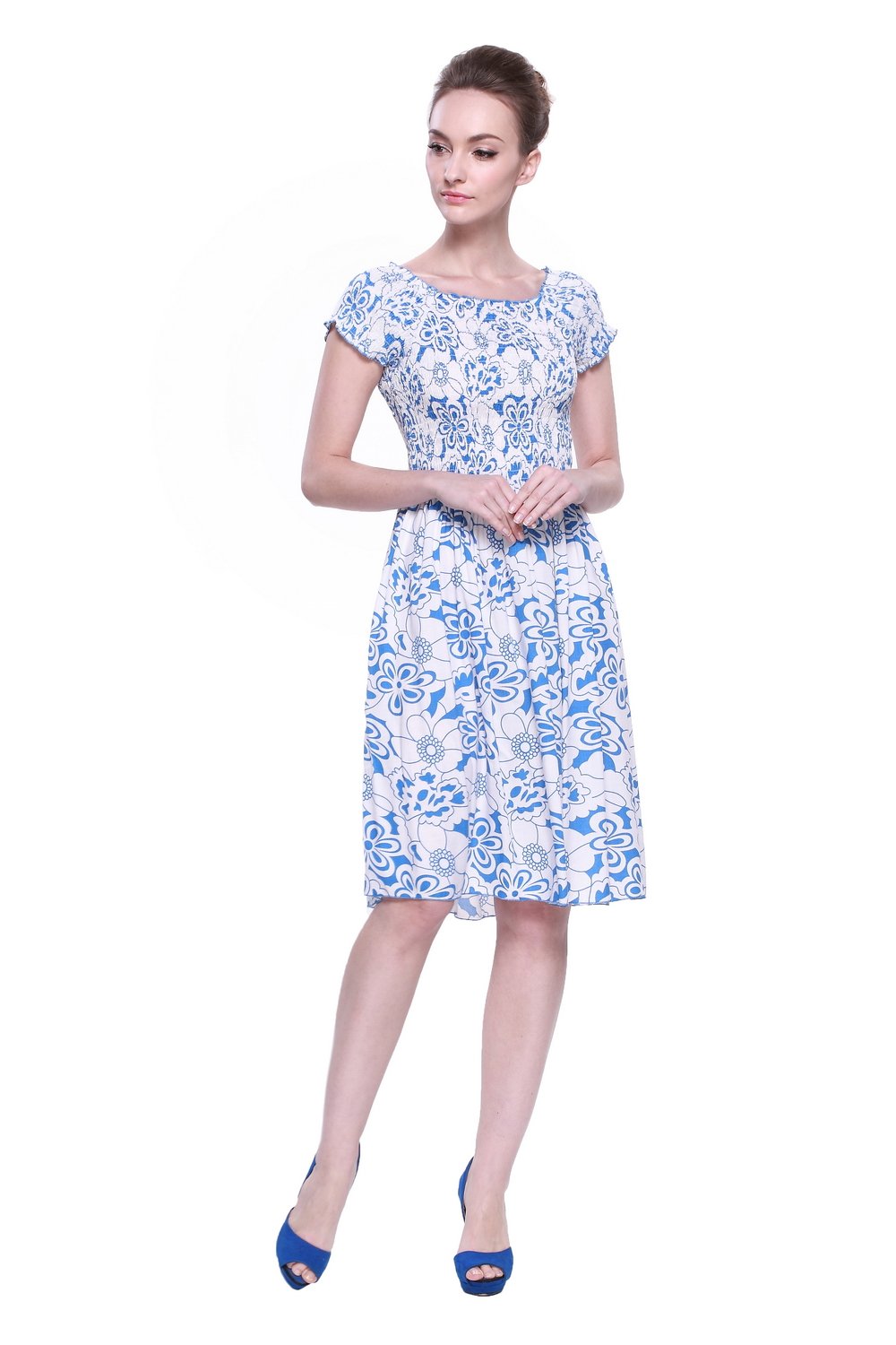 Women's Hawaiian Elastic Top Short Sleeve Dress - Sunset Red Floral Summer Beach Dress for Vacation, Party & Casual Wear
