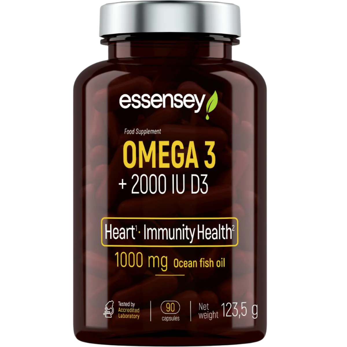 Essensey Omega 3 Fish Oil with 2000IU Vitamin D3 - 90 Softgel Capsules for Heart, Brain & Immune Health - Supports Joint Function & Bone Strength