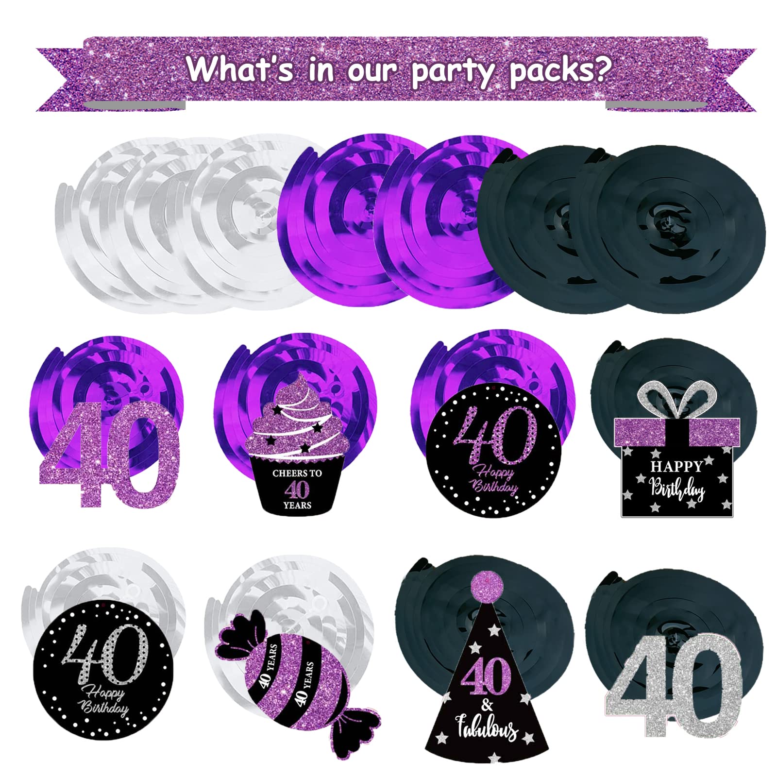 40th Birthday Party Decorations for Women - Purple, Black & Silver Foil Hanging Swirls - Perfect for 40th Birthday Celebrations, Milestone Parties & Women's Birthday Decor