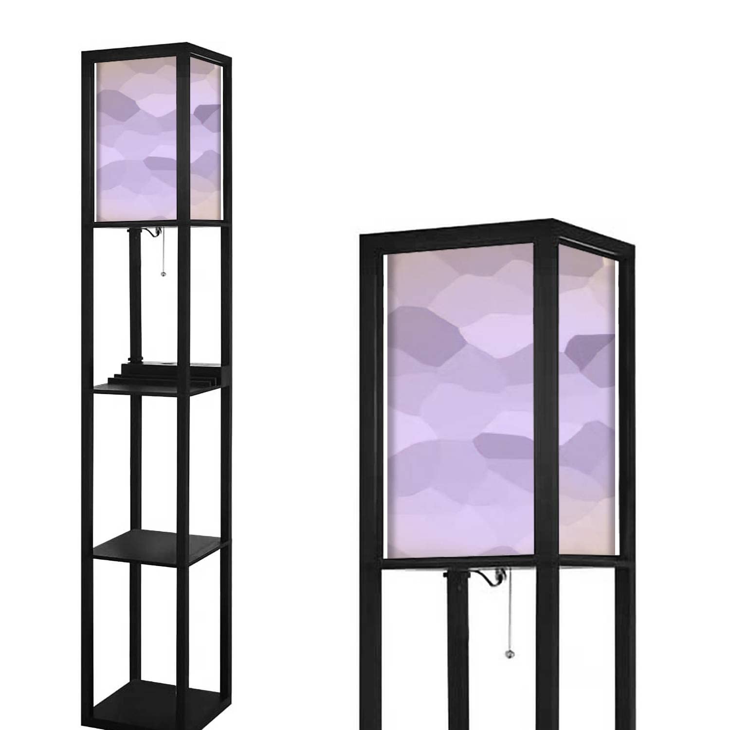 Modern Abstract Gradient Lavender Floor Lamp with Shelves, USB Ports & Power Outlet - Linen Fabric Shade Tall Corner Standing Light for Living Room & Bedroom | Perfect for Reading Nooks, Home Office Lighting & Cozy Nighttime Ambience