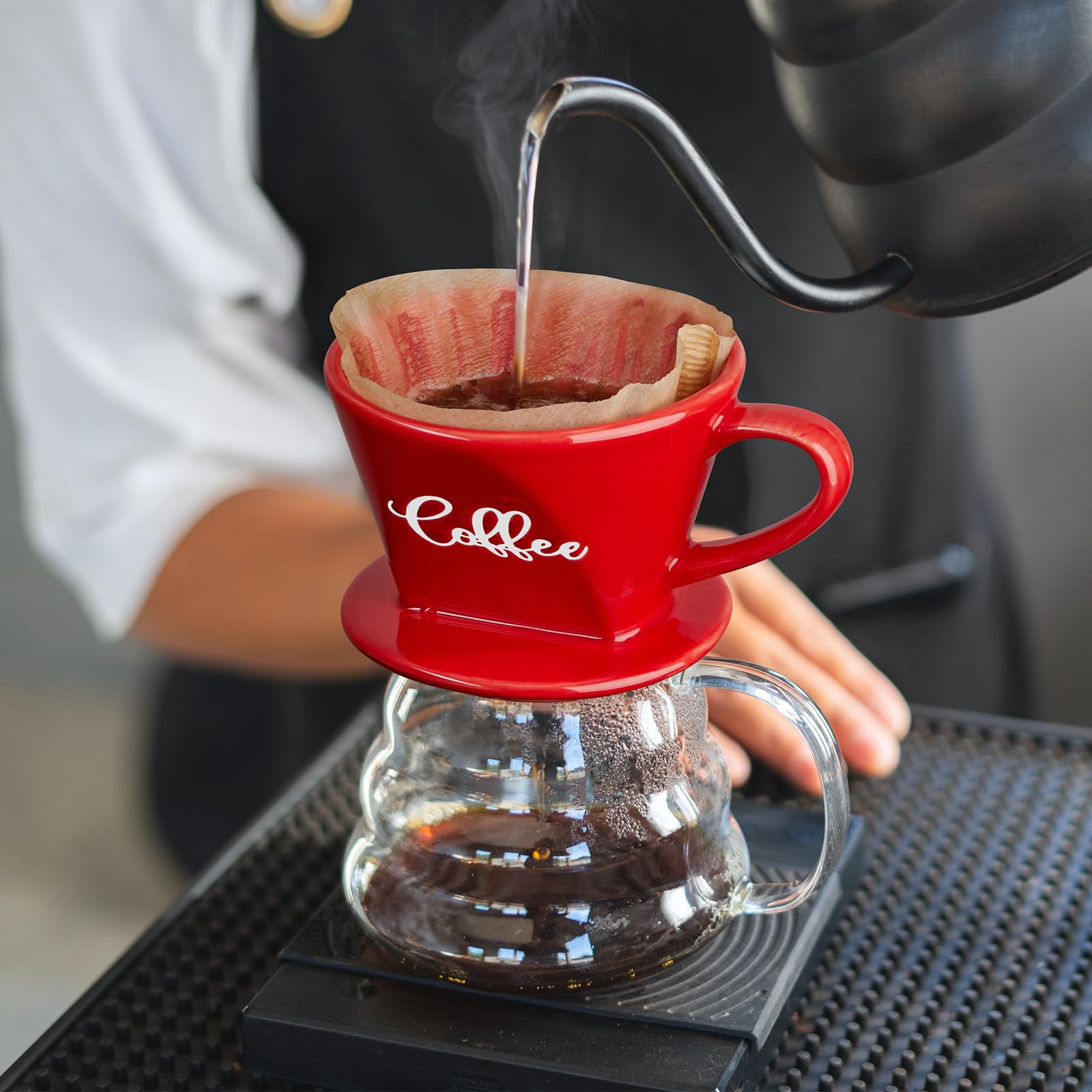 Premium Ceramic Pour Over Coffee Maker - Manual Slow Brew Dripper for Single Cup Coffee, Ideal for Home, Cafe & Coffee Bar - Stylish Red Kitchen Decor & Accessories