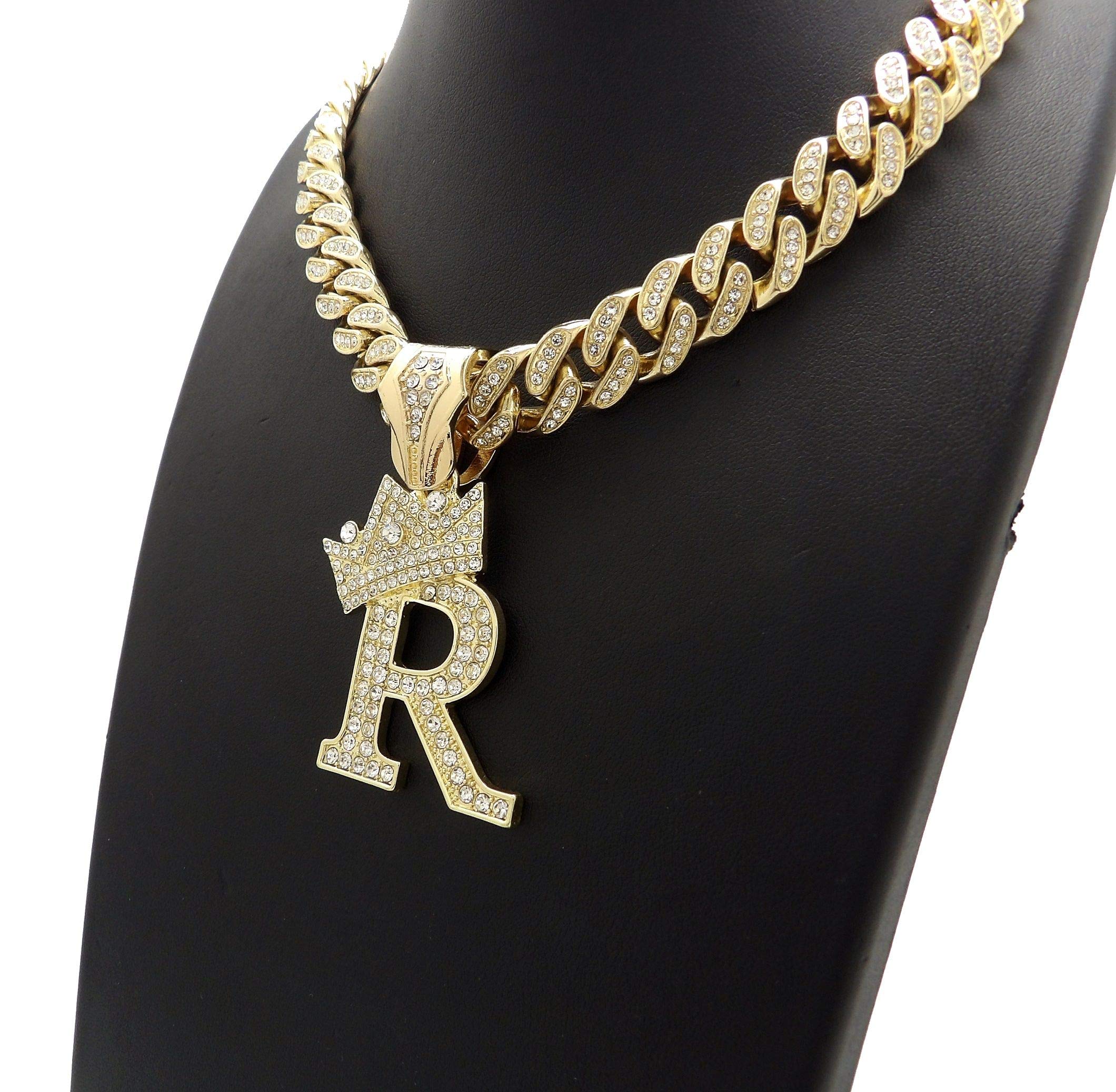 NYFASHION101 Iced Out Miami Cuban Chain Necklace with 12mm Stone Stud Crowned Initial Pendant - Perfect for Hip-Hop Fashion, Streetwear & Luxury Jewelry Gifts