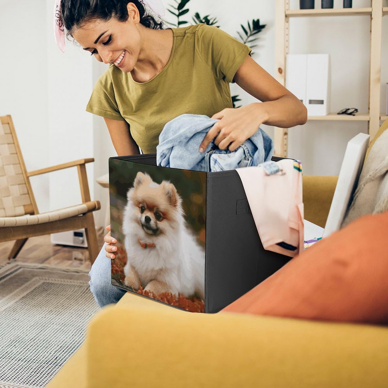 Pomeranian Dog Print Storage Baskets - Foldable Fabric Storage Bins for Clothes, Toys & Home Organization | Pet-Themed Decorative Storage Solution for Bedroom, Closet & Nursery